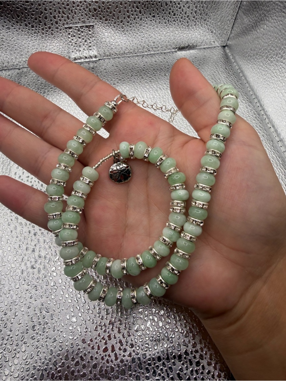 Handmade Mint Green Beaded Necklace with Silver Accent Charm